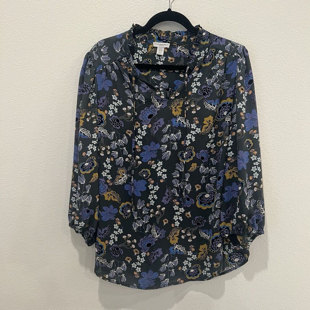 Carolina Belle Montreal Womens Size 1X Blouse Gray Floral Top Career Whimsical